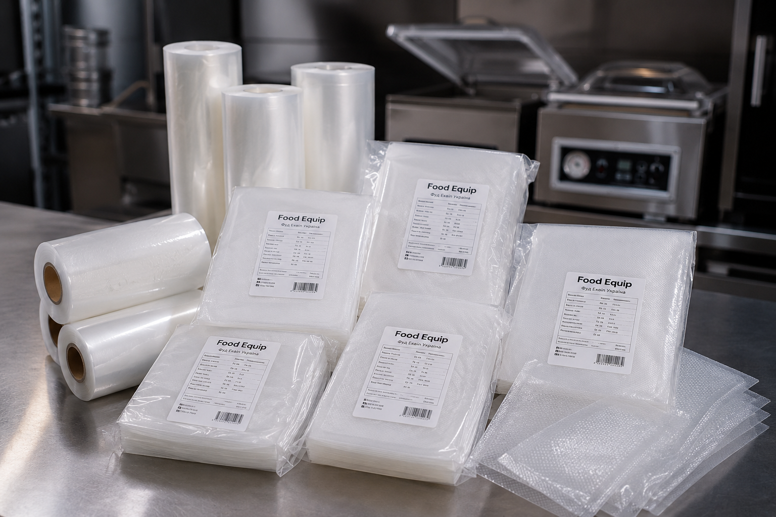 Вакуумні пакети Food Equip для професійного пакування харчових продуктів — гладкі та гофровані пакети, рулони вакуумної плівки та професійний вакууматор.